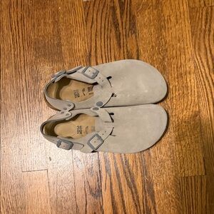 Birkenstock Suede Clog Sandals in Light Taupe
